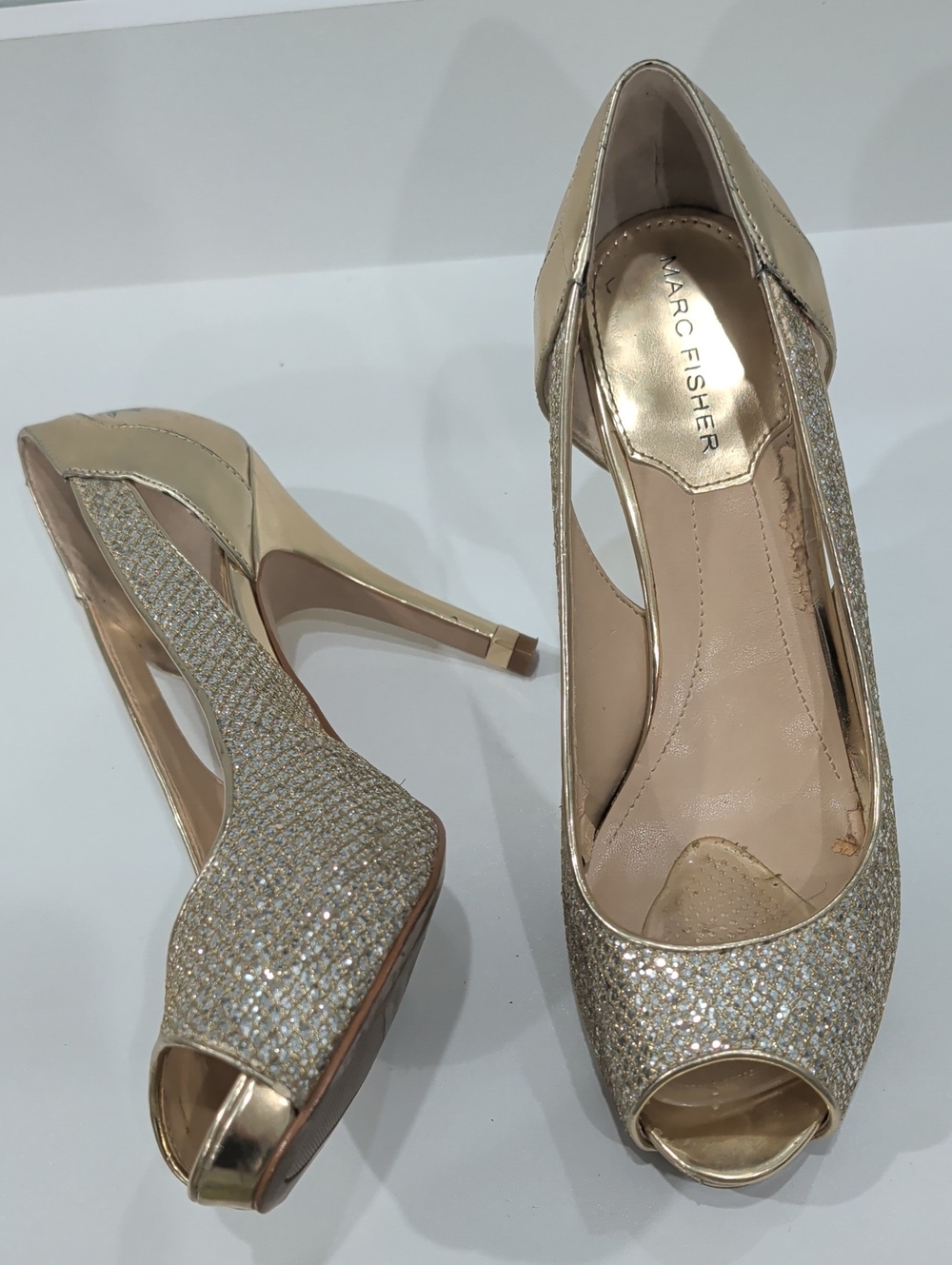 Marc Fisher Glittered Gold Peep-Toe Stiletto Pumps